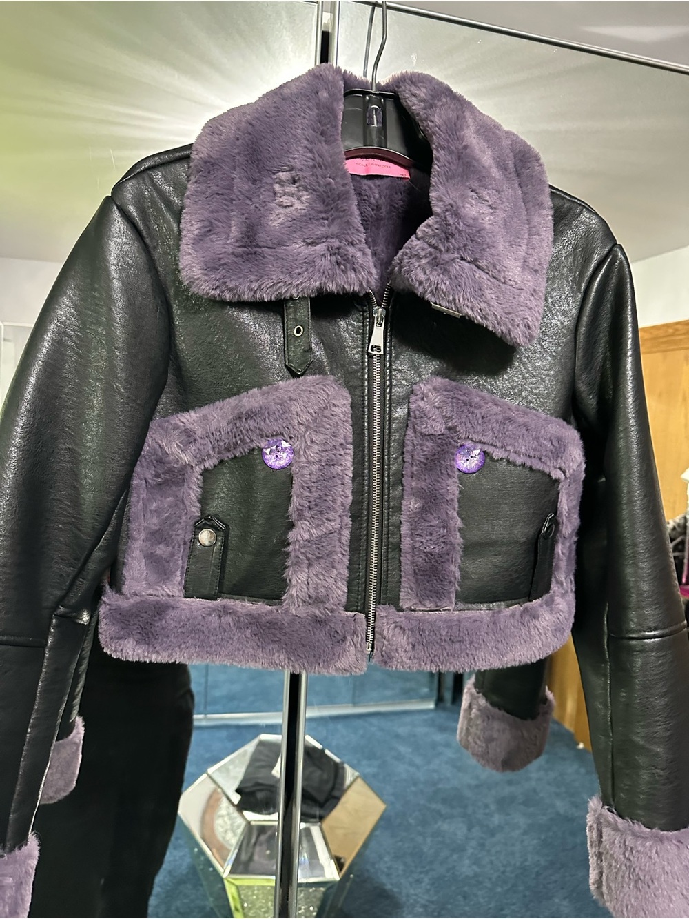 Women's Black Leather Jacket with Purple Faux-Fur Trim Azalea Wang